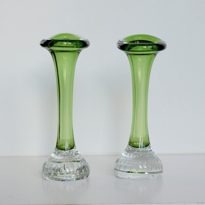 Vintage Pair of Hand Blown Green Jack In The Pulpit Vases