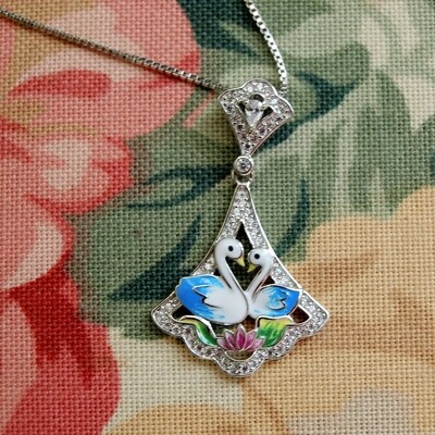 Solid Silver Enamel Swans Pendant Necklace by Vinali