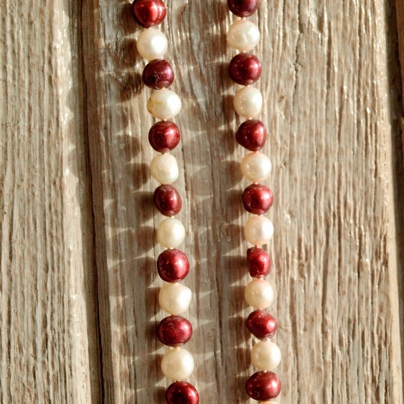 Long White &amp; Red Pearl 925 Silver Necklace