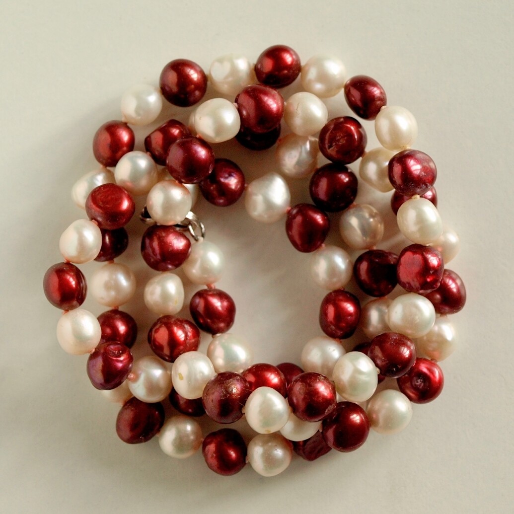 Long White &amp; Red Pearl 925 Silver Necklace