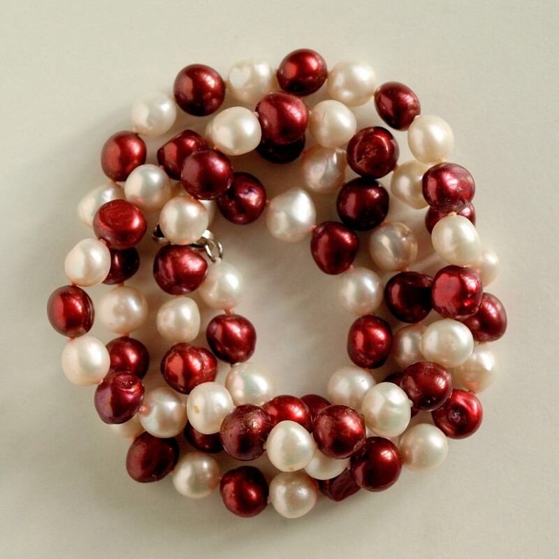 Long White &amp; Red Pearl 925 Silver Necklace