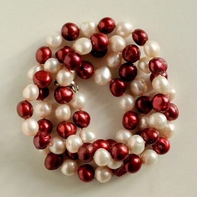 Long White &amp; Red Pearl 925 Silver Necklace