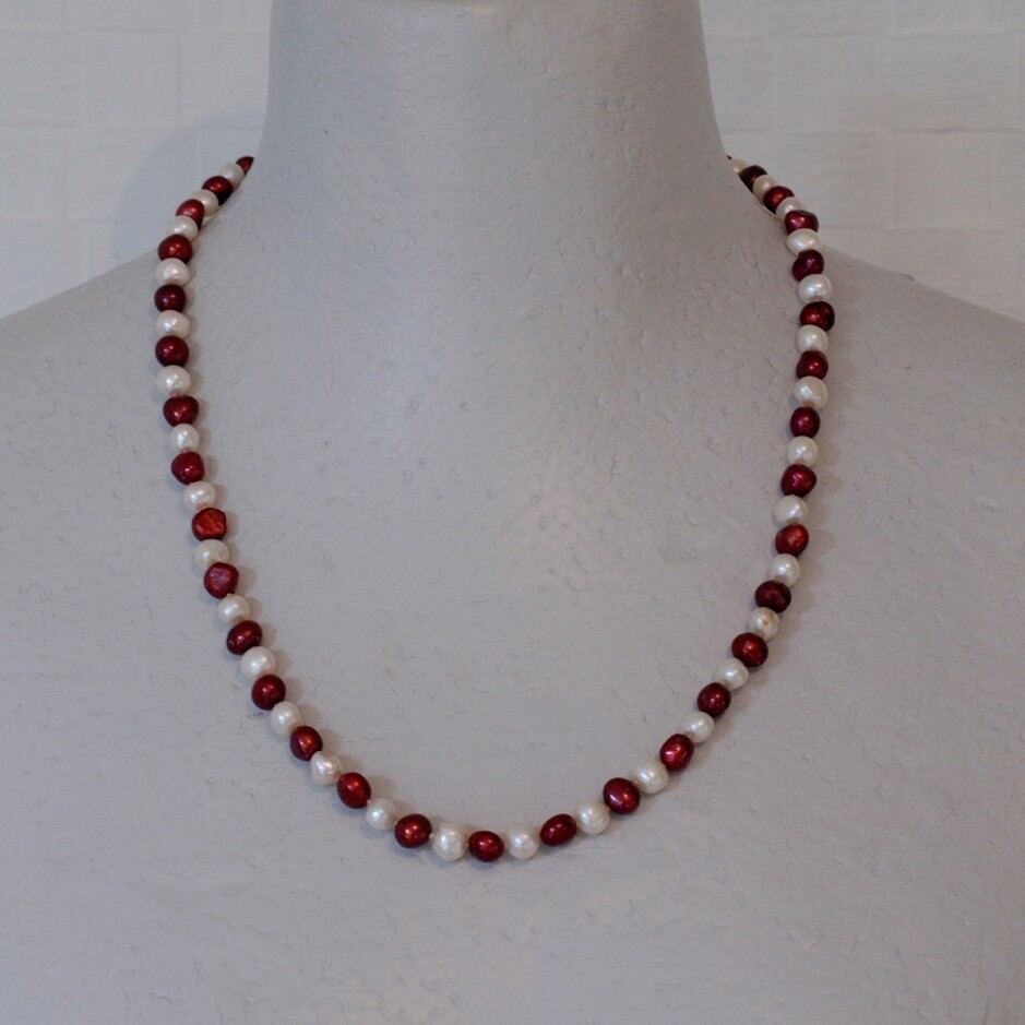 Long Off-White&amp; Red Pearl 925 Silver Necklace