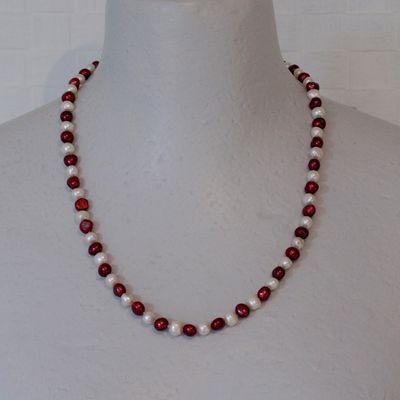 Long Off-White&amp; Red Pearl 925 Silver Necklace
