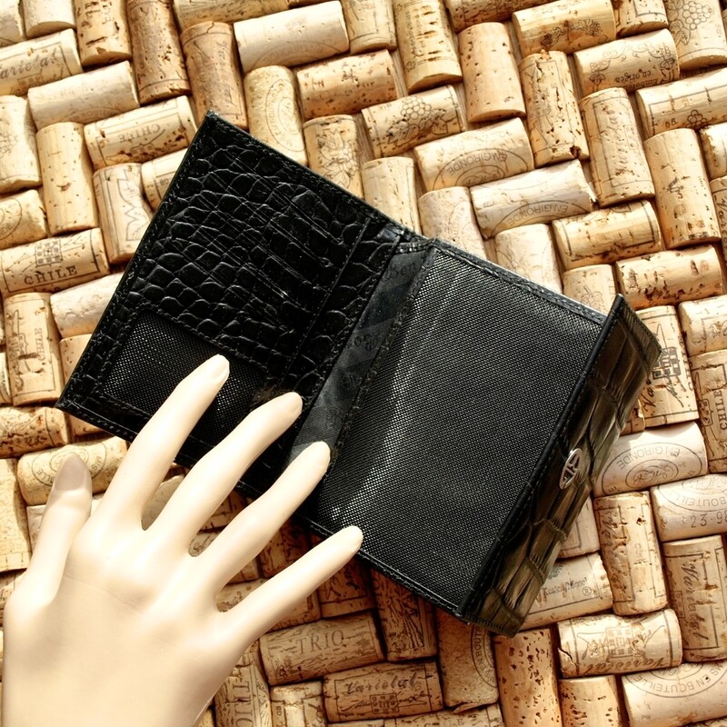 Black Croc Print Leather Folding Wallet or Purse by Bon Gout