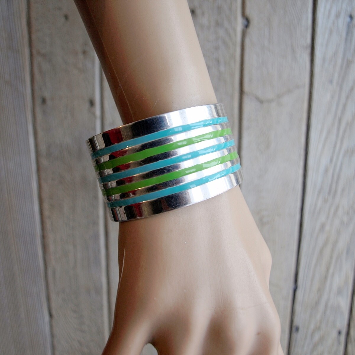 Vintage Silvertone Metal &amp; Green Blue Enamel Cuff Bangle