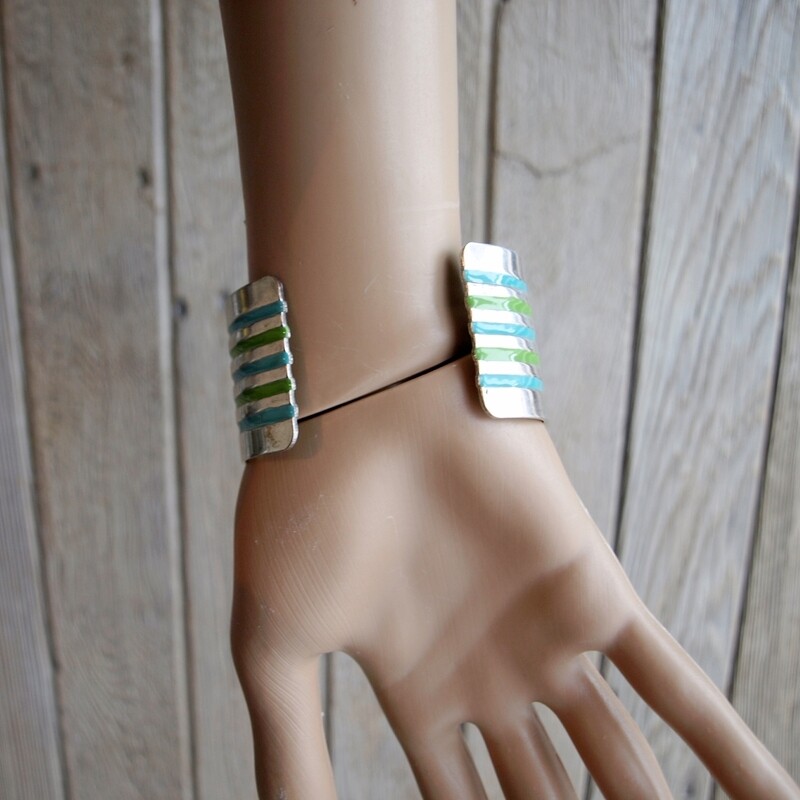 Vintage Silvertone Metal &amp; Green Blue Enamel Cuff Bangle