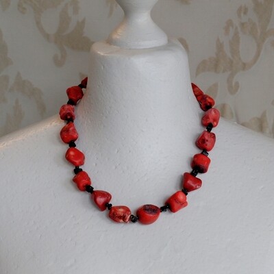 Chunky Red Coral &amp; Black Jet Necklace