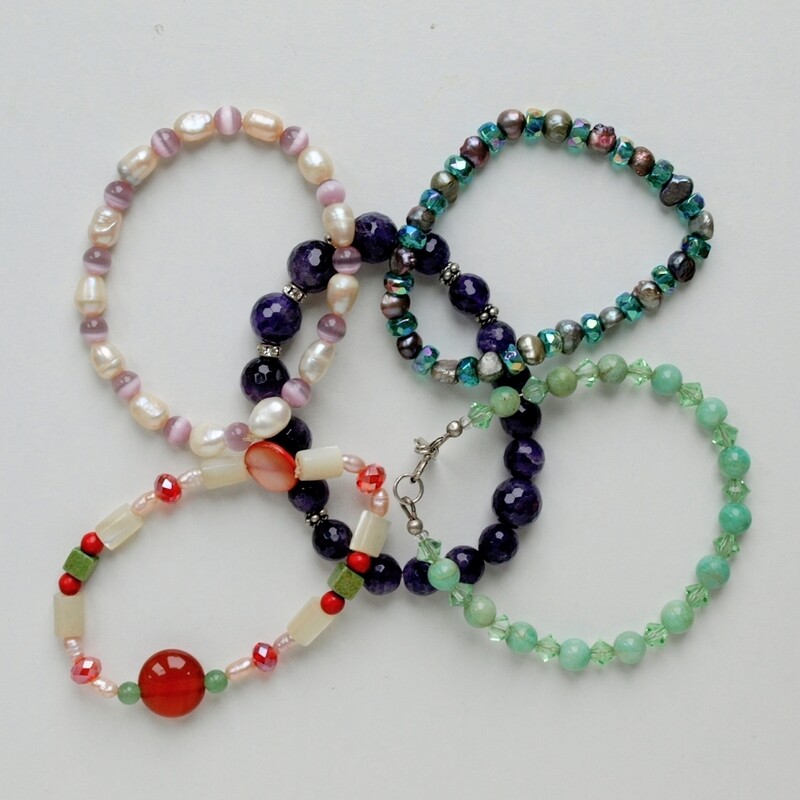 5 Beaded Bracelets - Amethyst, Pearl, Carnelian, etc