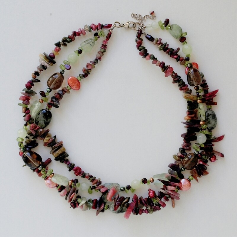 Triple Strand Gemstones, Pearl &amp; Solid Silver Necklace