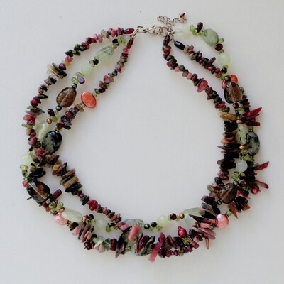 Triple Strand Gemstones, Pearl &amp; Solid Silver Necklace