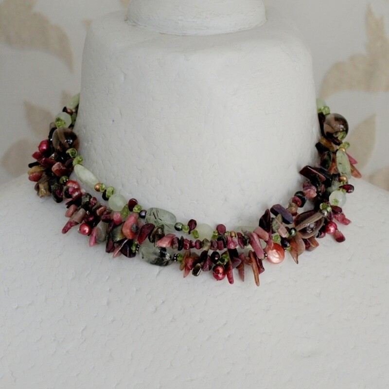 Triple Strand Gemstones, Pearl &amp; Solid Silver Necklace