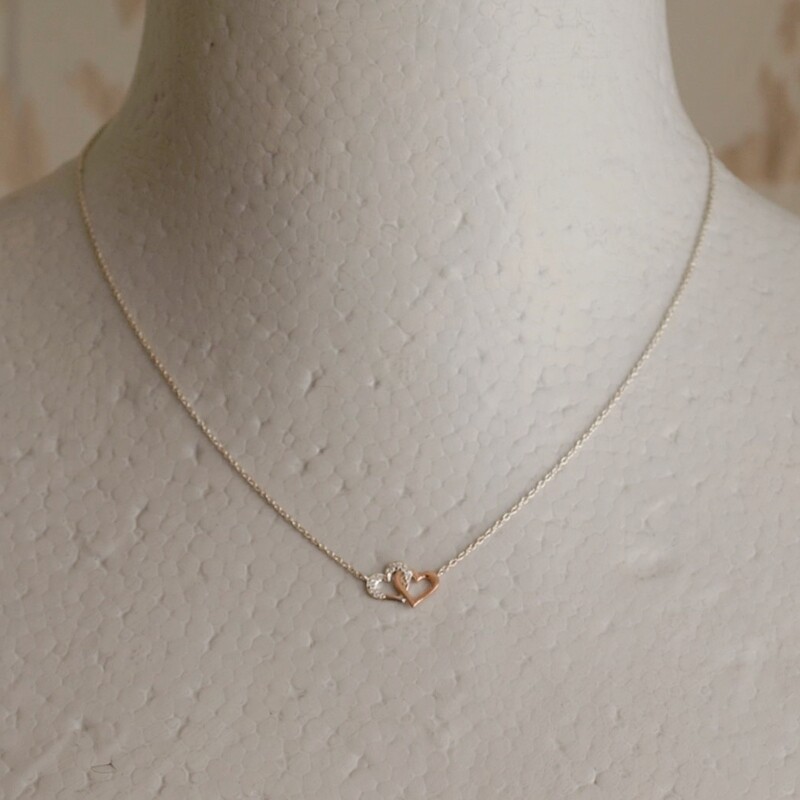 Double Heart Pendant Solid Silver &amp; CZ Necklace