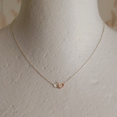 Double Heart Pendant Solid Silver &amp; CZ Necklace