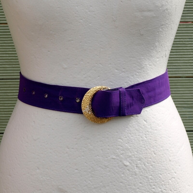 Vintage Purple Fabric Belt + Goldtone &amp; Rhinestone Buckle
