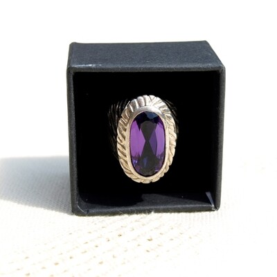 Vintage 70s Chunky Solid Silver &amp; Purple Stone Ring 