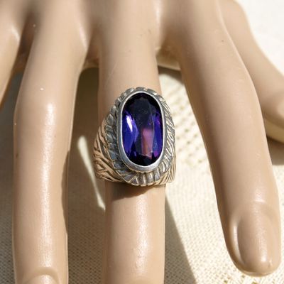 Vintage 70s Chunky Solid Silver &amp; Purple Stone Ring K