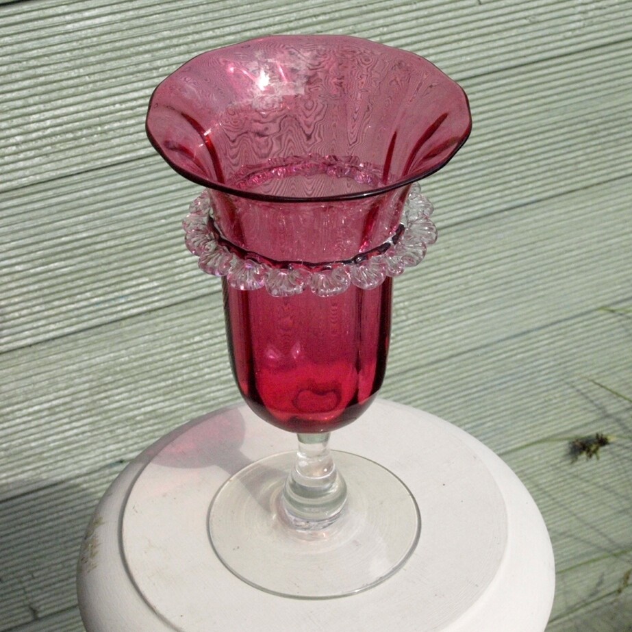 Victorian Hand Blown Cranberry Glass Pedestal Vase