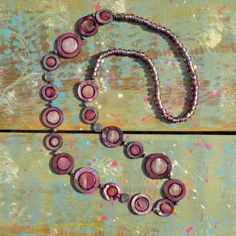 Long Lilac Mother of Pearl &amp; Glass Necklace