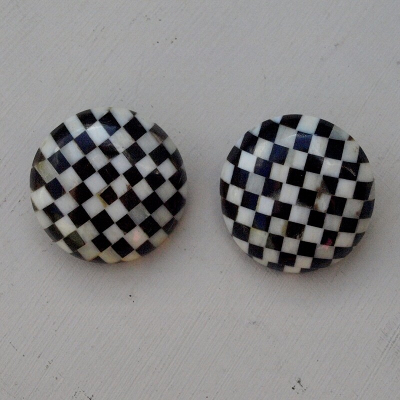 Vintage Large Domed Ebony &amp; Bone Check Clip Earrings