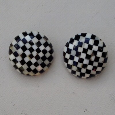 Vintage Large Domed Ebony &amp; Bone Check Clip Earrings