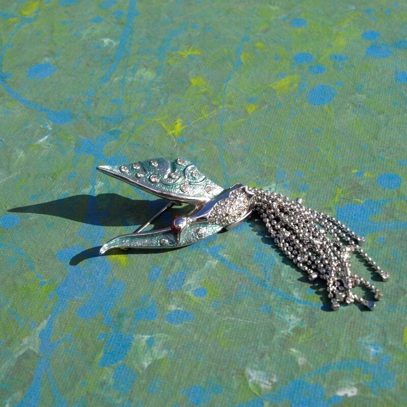Vintage Silvertone Rhinestone Bird Brooch