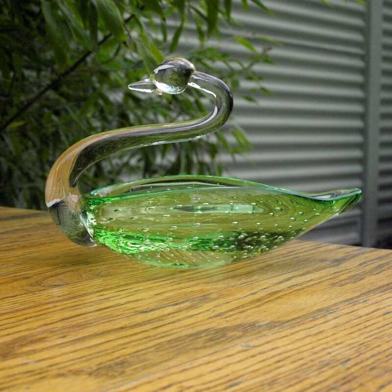 Vintage Hand Blown Green Bubble Art Glass Swan Bowl