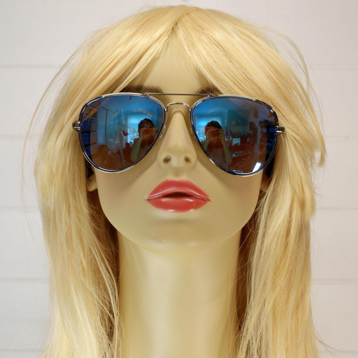 Unisex Silver &amp; Blue Metal Aviator Sunglasses