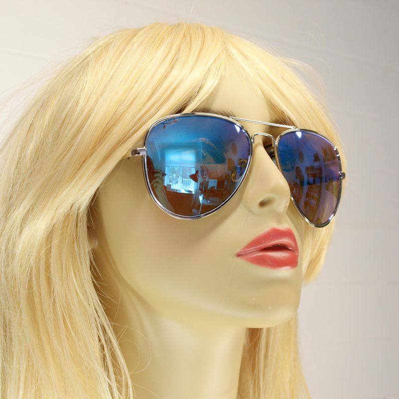Unisex Silver &amp; Blue Metal Aviator Sunglasses