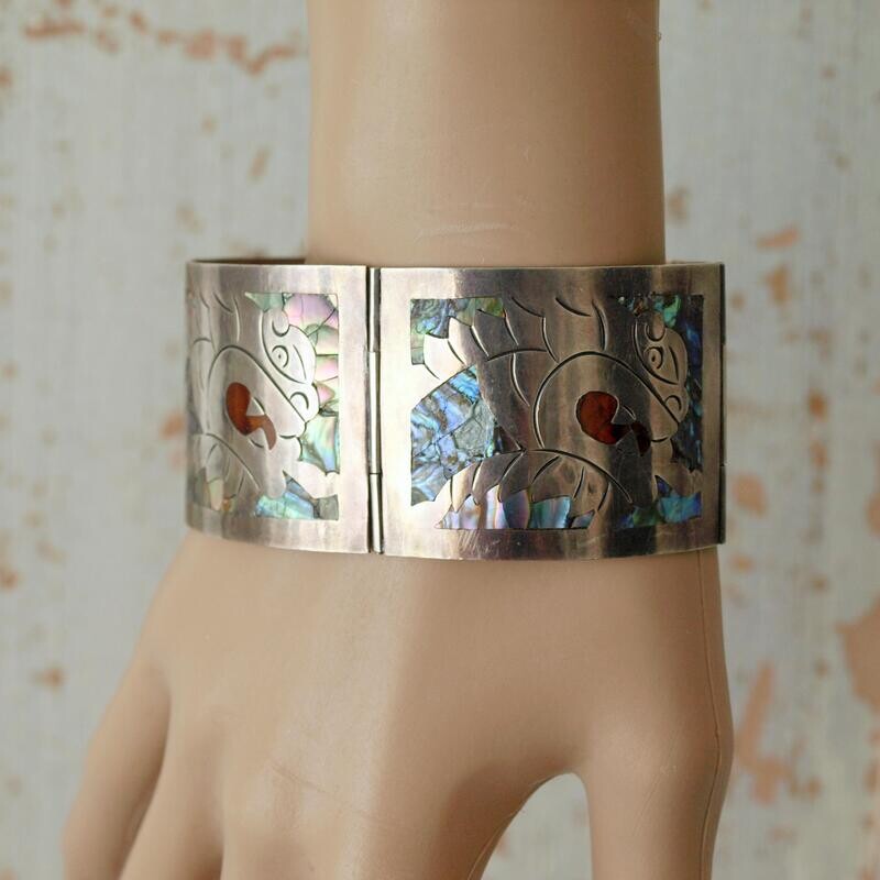 Large Vintage Solid Silver &amp; Abalone Inlay Mexican Cuff Bracelet