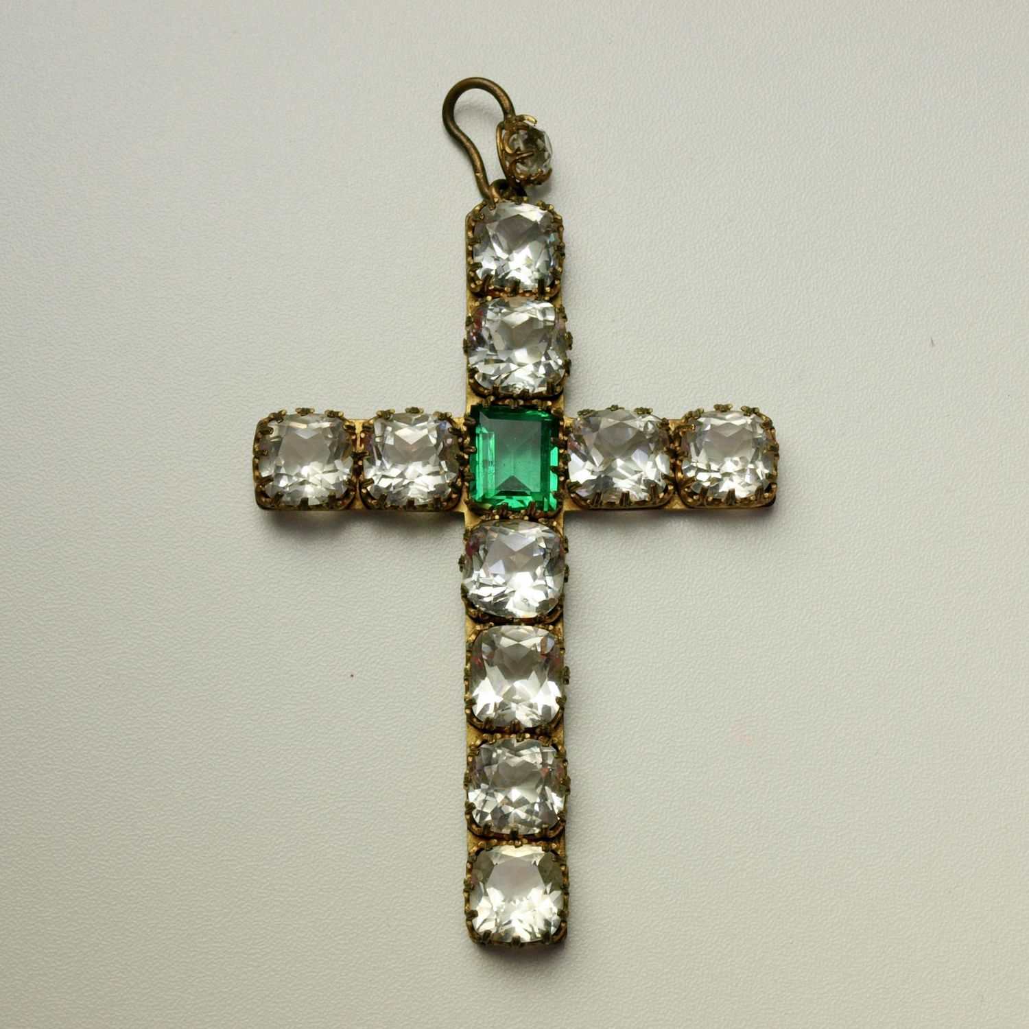 Extra Large Vintage Sparkly Glass &amp; Gold Metal Cross