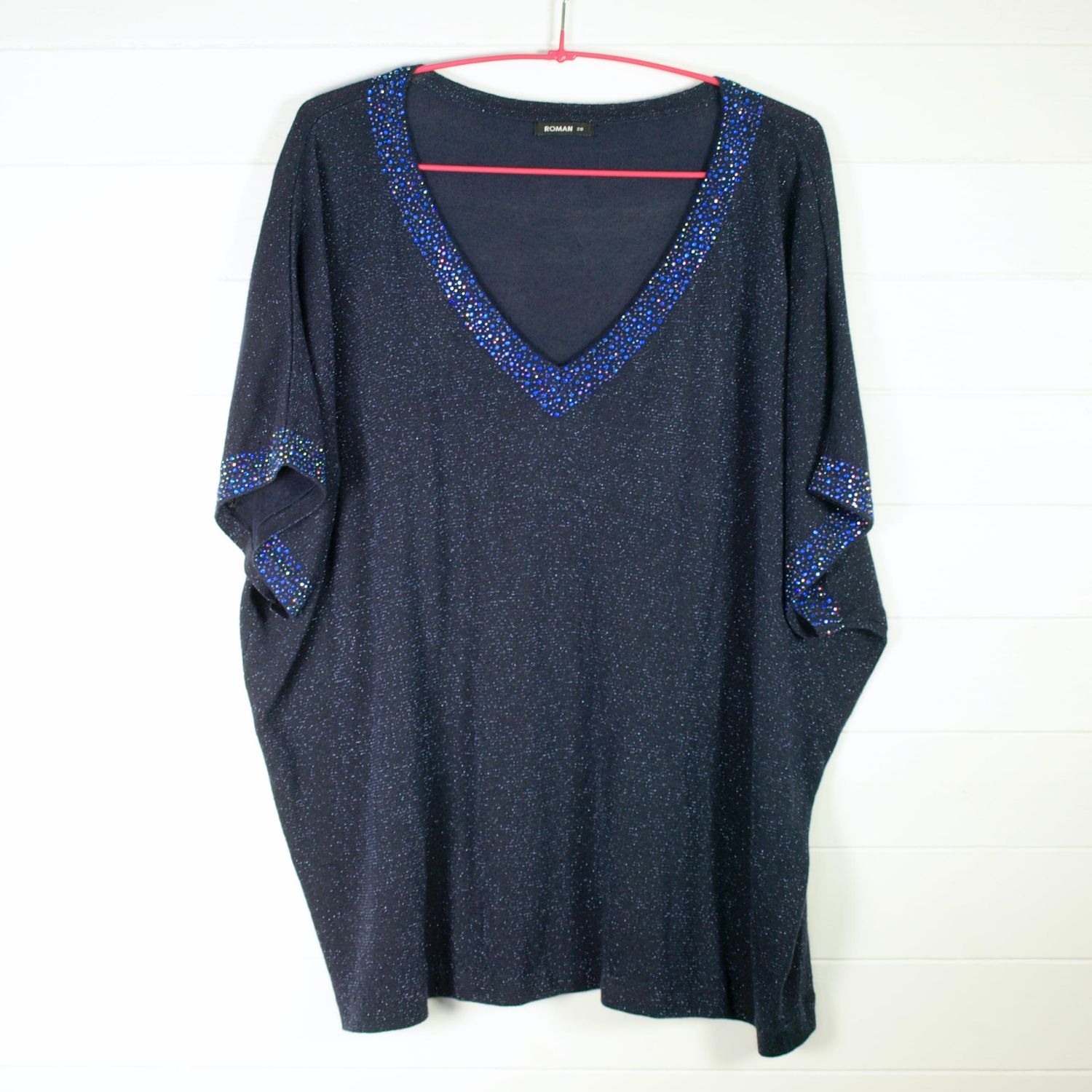 Ladies Blue Viscose Sparkly Crystal Roman Batwing Top - 20