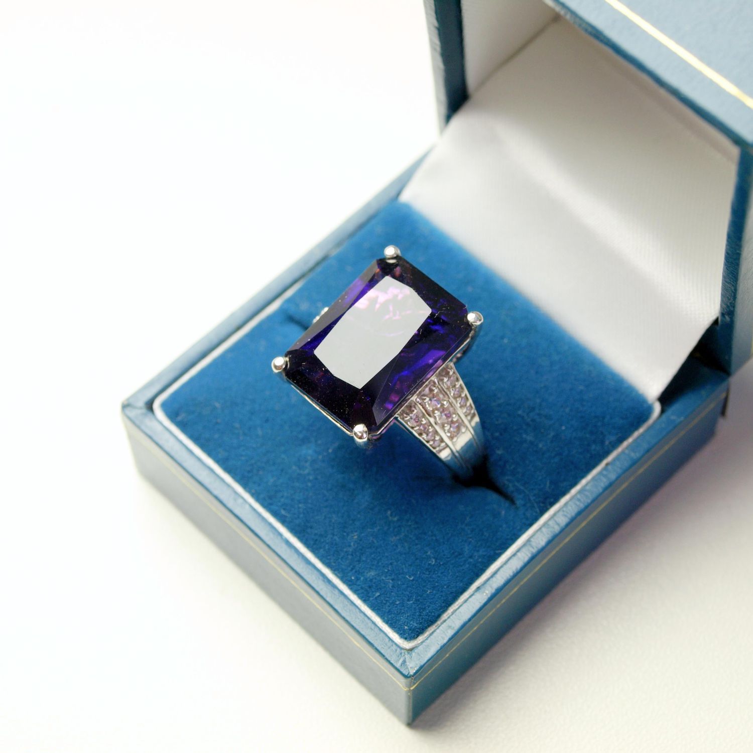 925 Silver Ring with Large Emerald-Cut Amethyst Purple Stone.