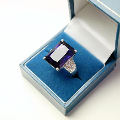 925 Silver Ring with Large Emerald-Cut Amethyst Purple Stone.