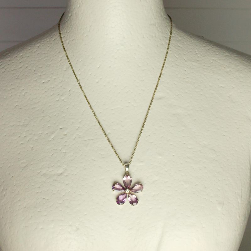 Solid Silver &amp; Amethyst Style Flower Necklace
