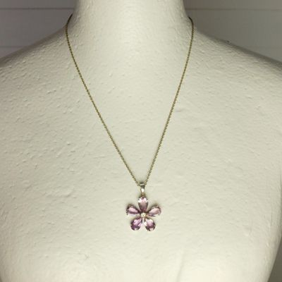 Solid Silver &amp; Amethyst Style Flower Necklace