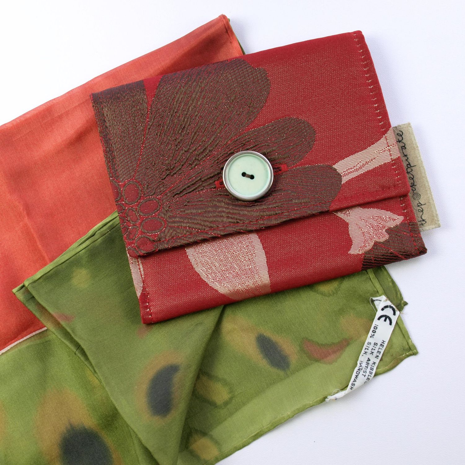 Handmade Vintage Green &amp; Red Silk Scarf &amp; Handmade Red Purse