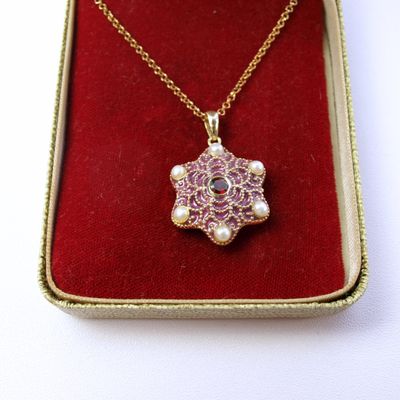 Vintage Solid 925 Silver Gold Washed Necklace &amp; Pearl, Ruby &amp; Enamel Locket