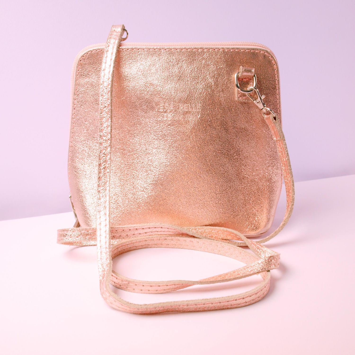 Vera Pelle Metallic Rose Gold Leather Crossbody Bag