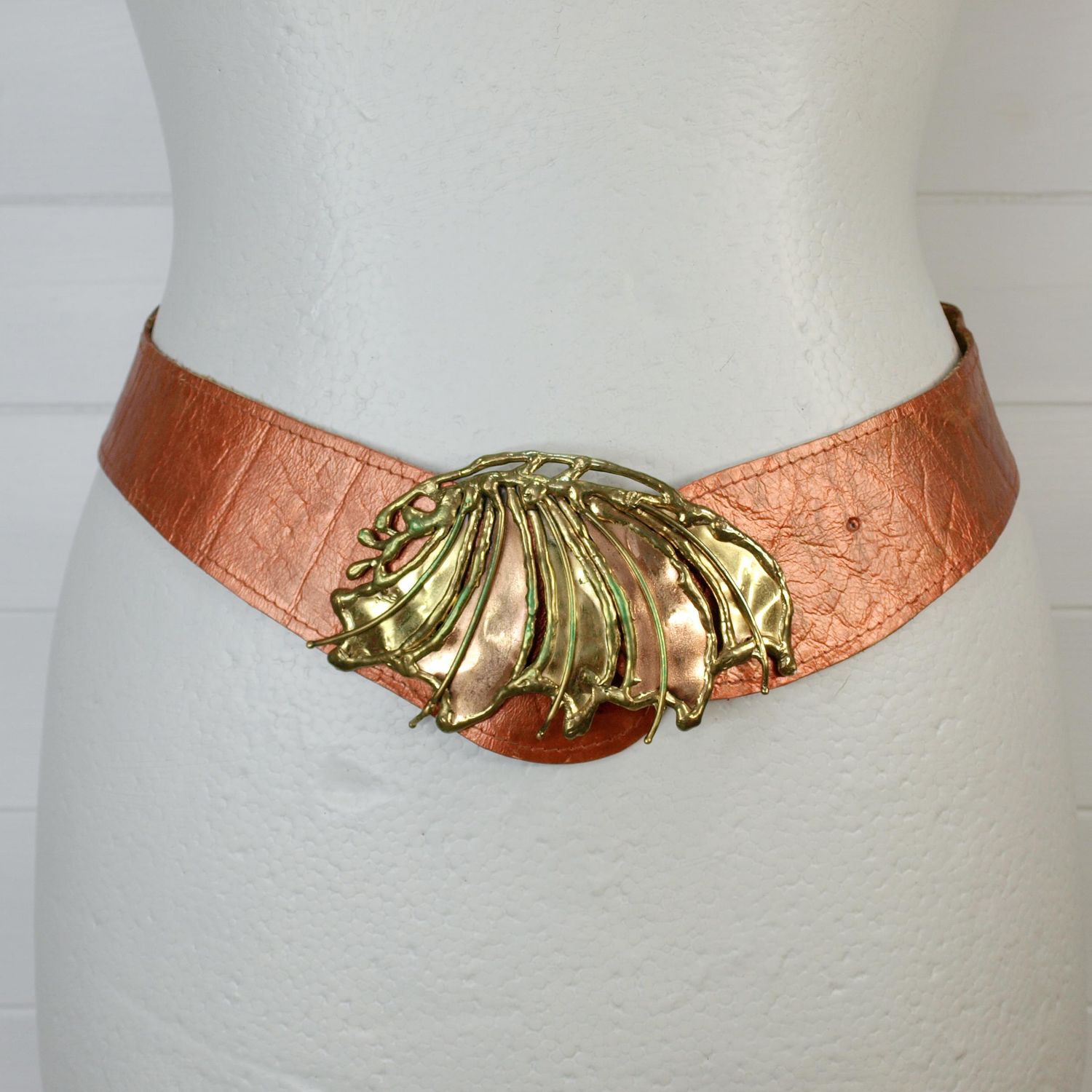 Vintage 70s Metallic Leather &amp; Metal Buckle Belt