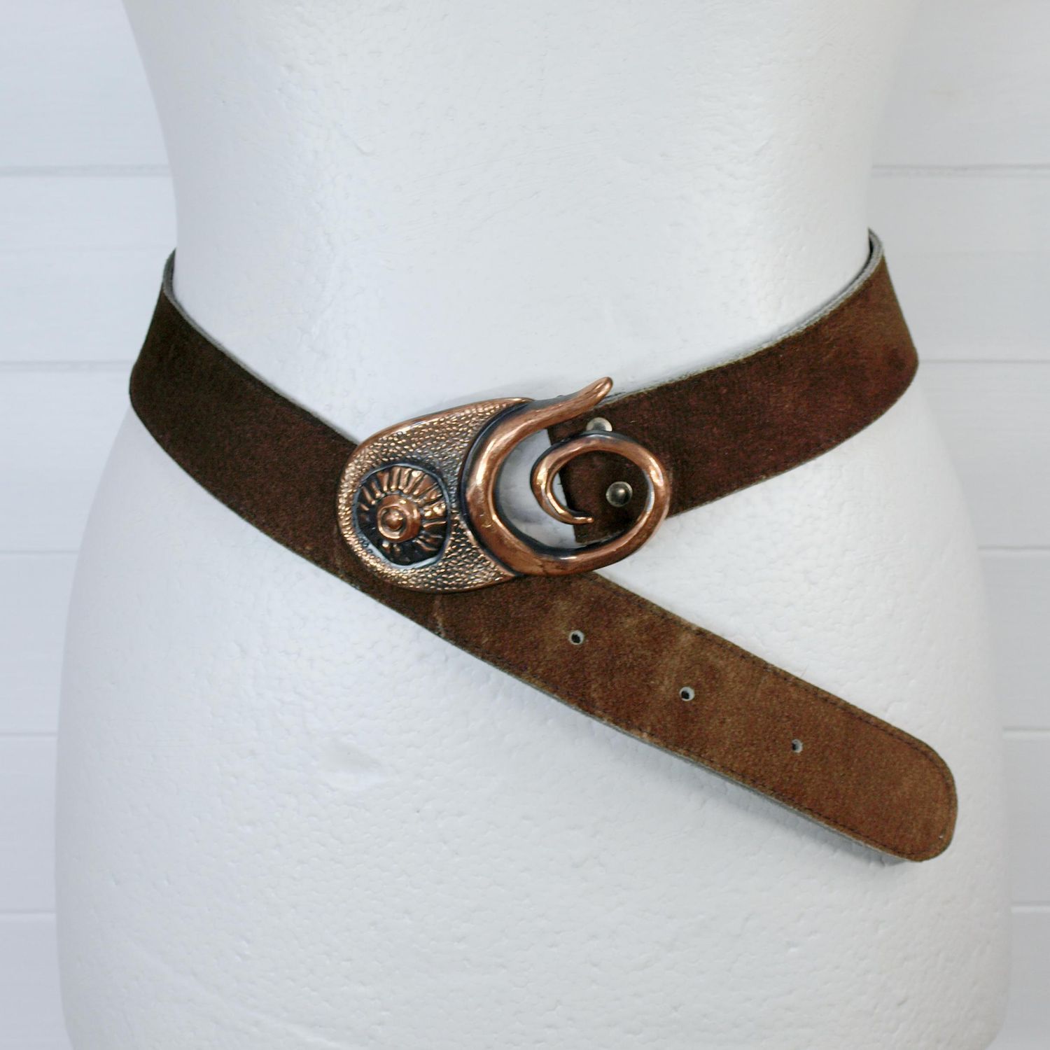 Vintage Brown Suede &amp; Copper Buckle Belt - Small