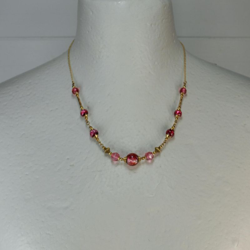 Vintage Pink Foil Glass Goldtone Necklace