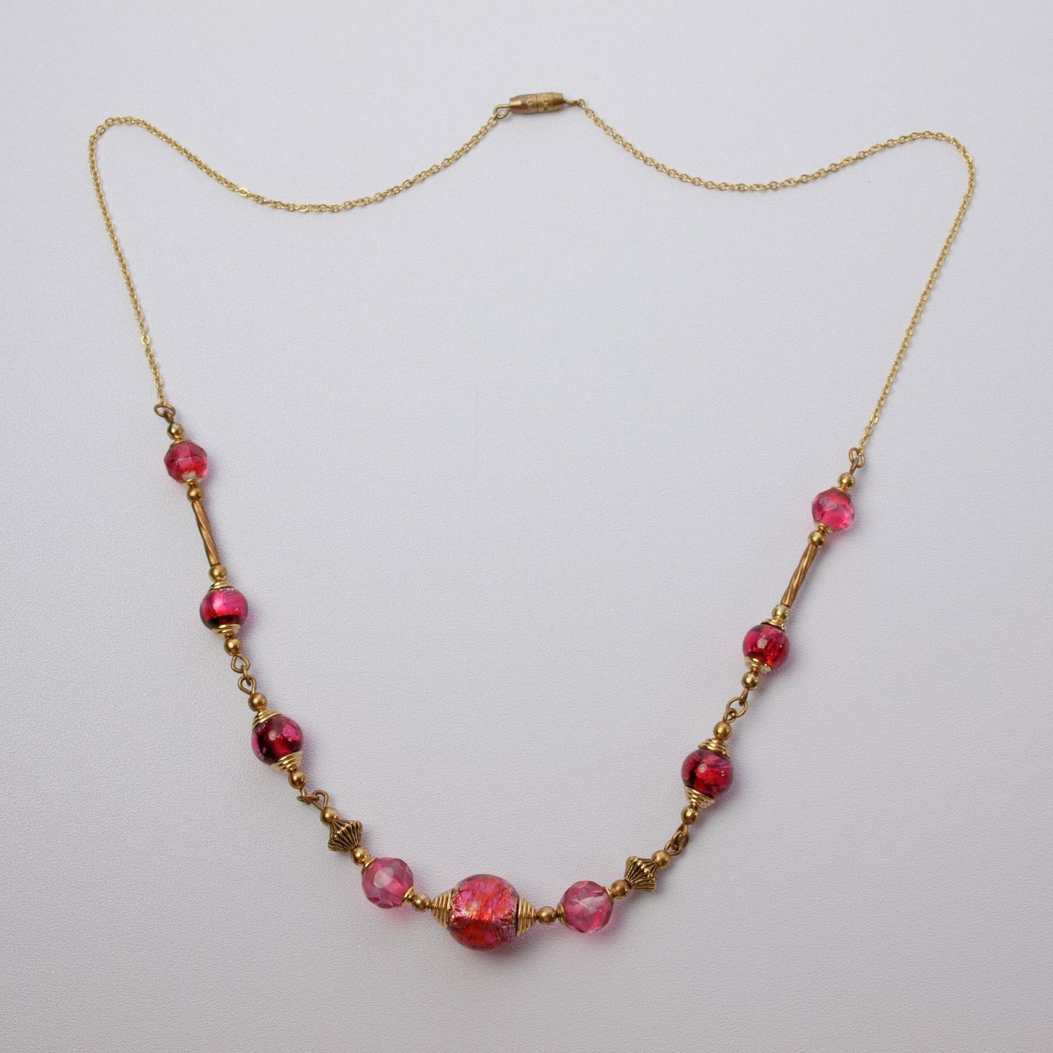 Vintage Pink Foil Glass Goldtone Necklace