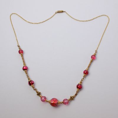 Vintage Pink Foil Glass Goldtone Necklace