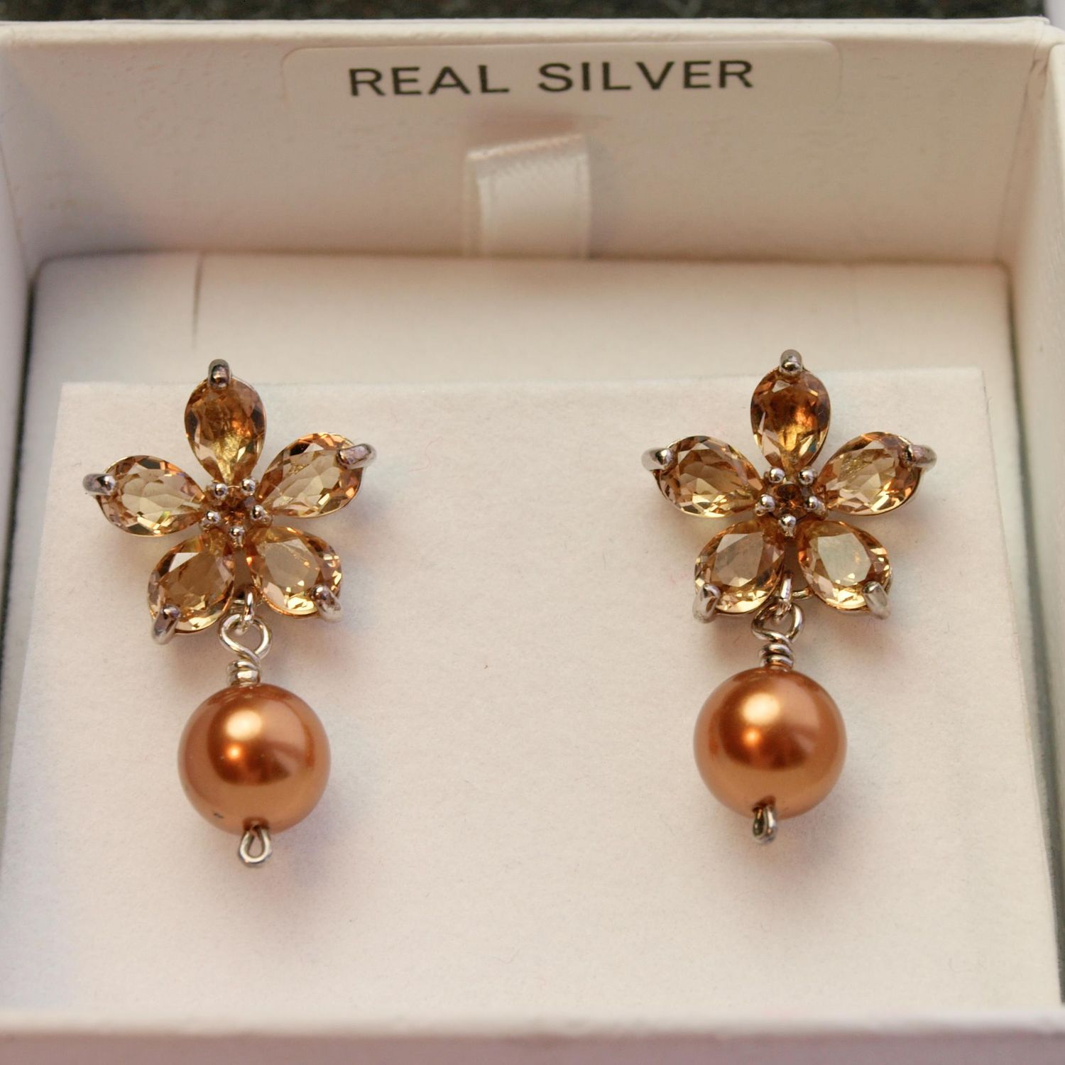 Solid 925 Silver Stud Dangly Copper Flower Earrings