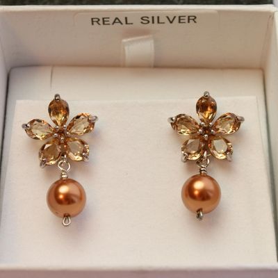 Solid 925 Silver Stud Dangly Copper Flower Earrings
