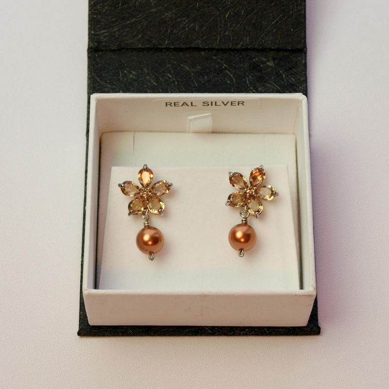 Solid 925 Silver Stud Dangly Copper Flower Earrings