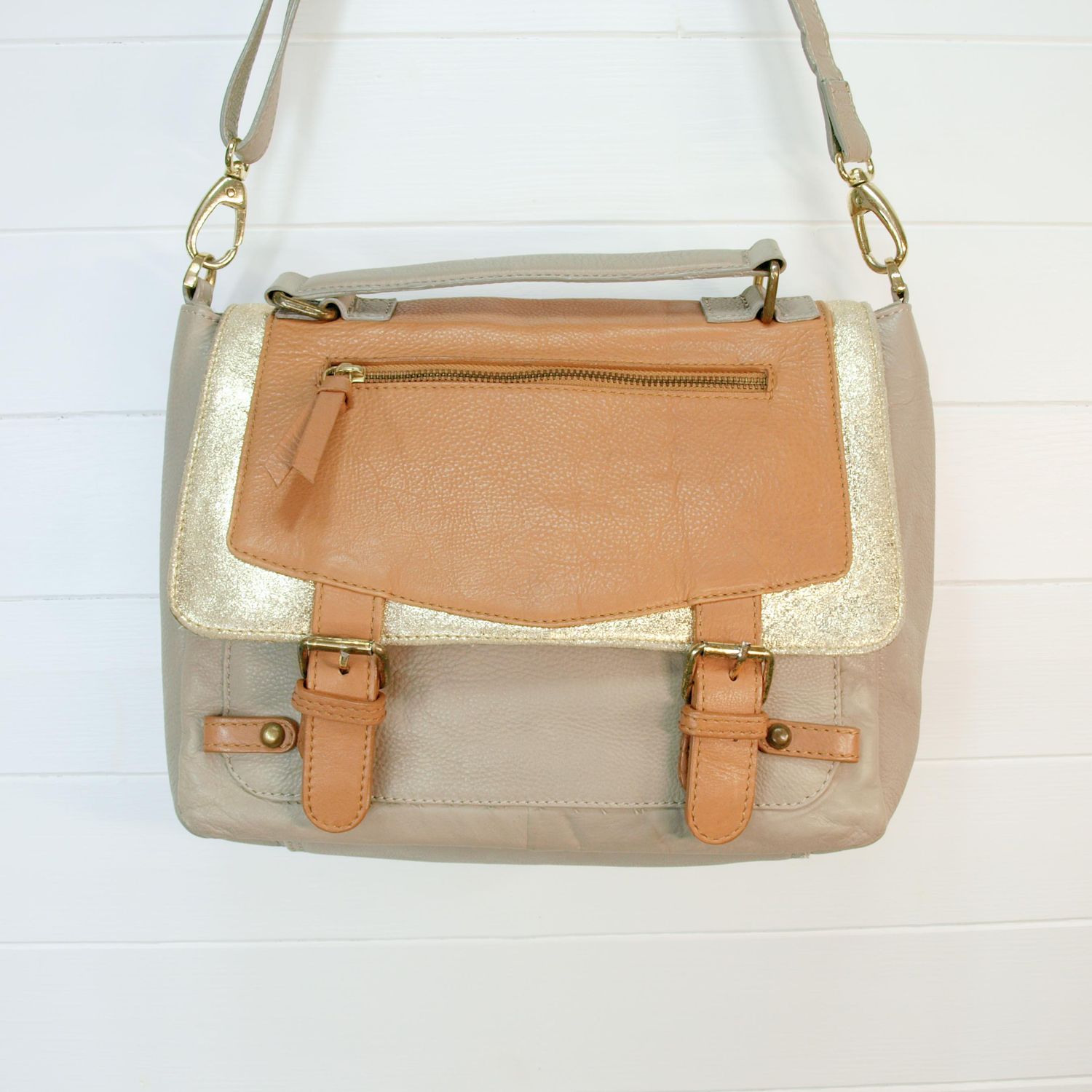 La Redoute Mademoiselle R. Beige, Tan &amp; Gold Leather Shoulder Bag