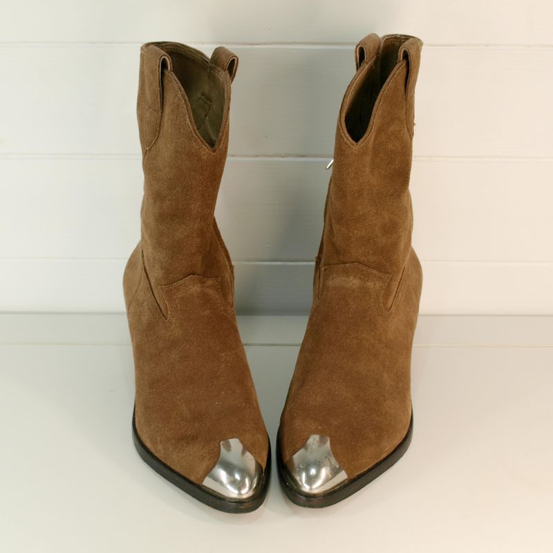 ASH Tan Suede Cowboy Ankle Boots With Metal Toe Caps - 36