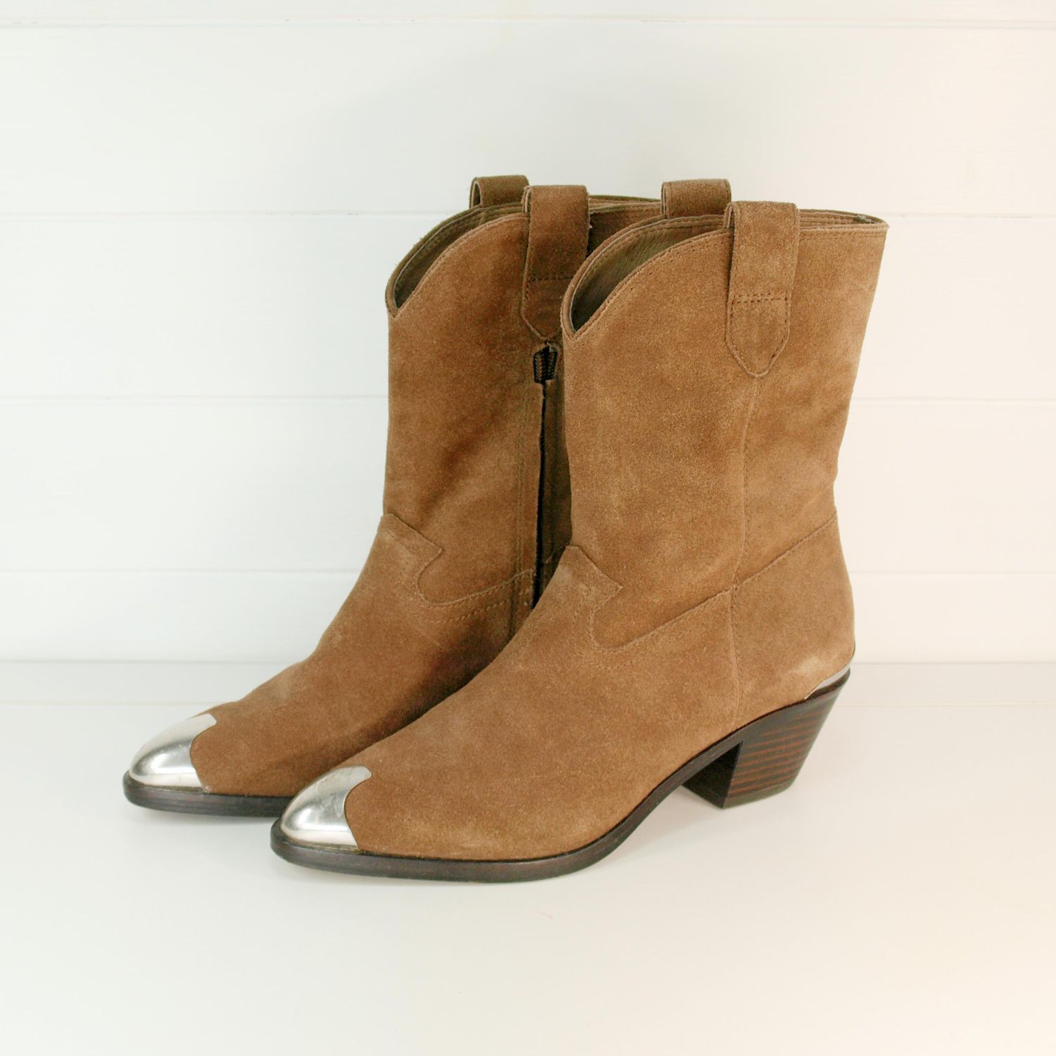 ASH Tan Suede Cowboy Ankle Boots With Metal Toe Caps and Heel Guards - 36
